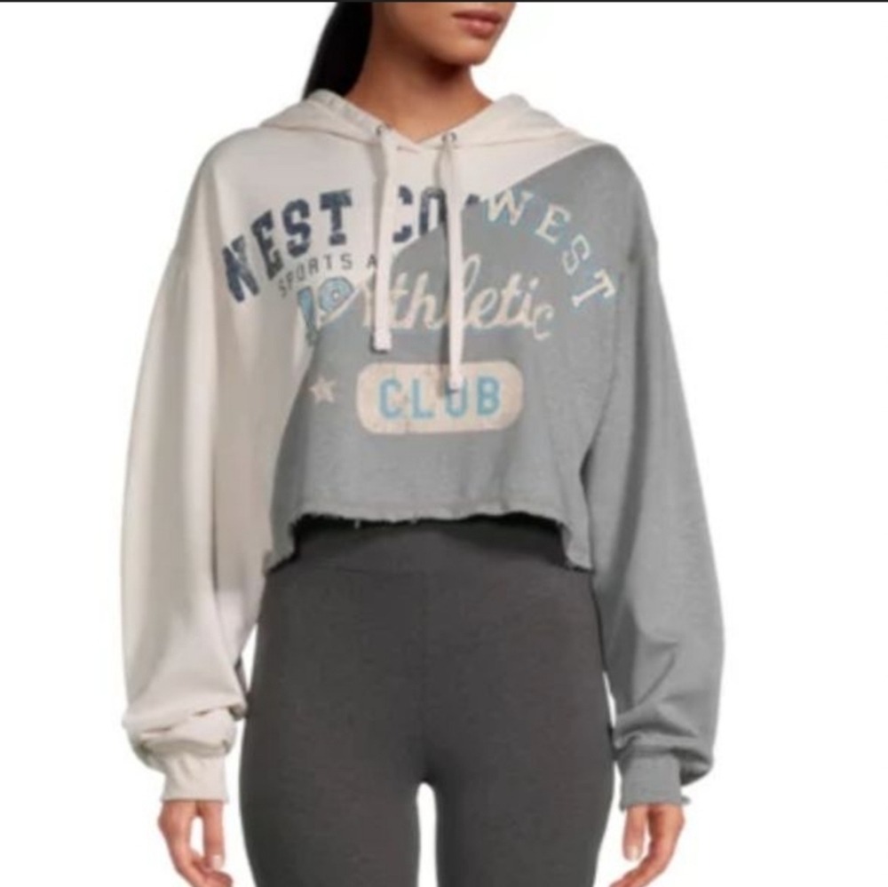 #1348 Arizona Jean Co. Cropped Two-Tone Gray Hoodie with Athletic Graphic